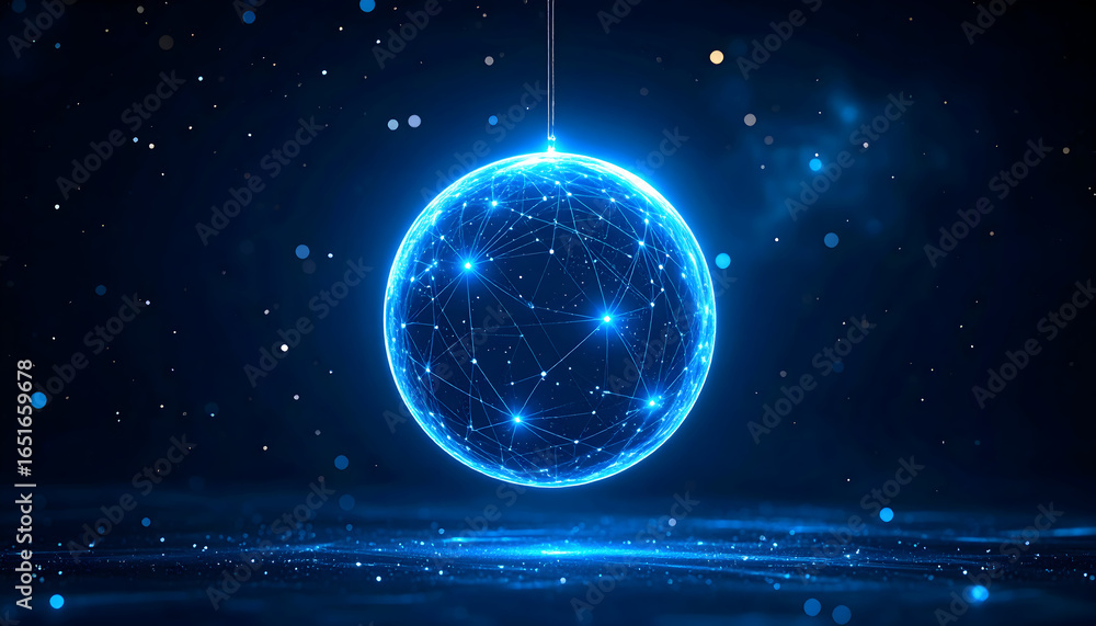 Fototapeta premium Glowing Blue Digital Sphere Displaying Data Points Against Dark Backdrop with Light Sparks