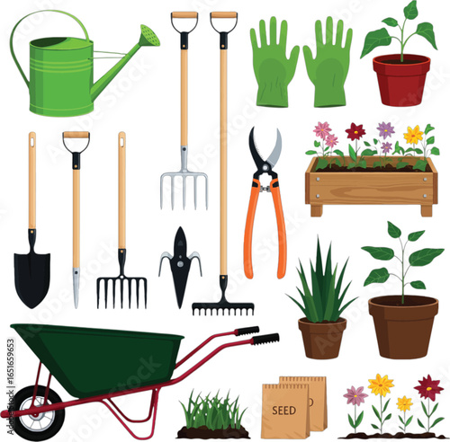 Gardening Tools And Plants With Watering Can And Wheelbarrow vector illustration