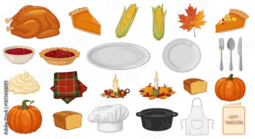 Illustration of thanksgiving dinner items including turkey and desserts