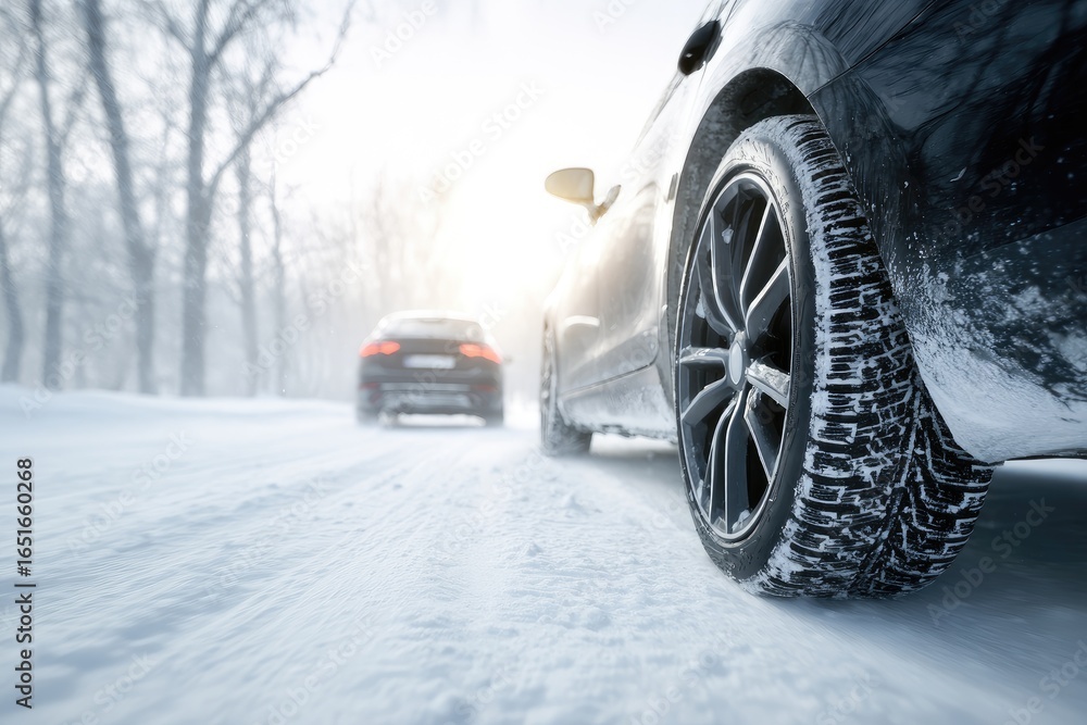 Naklejka premium Black car on snowy road, winter scene