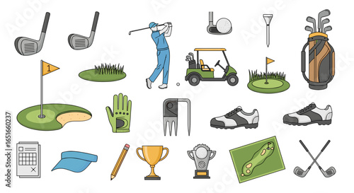 Illustration of various golf related items and a golfer swinging club