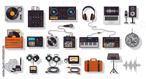 Overhead shot of dj equipment including turntables and audio mixers set up
