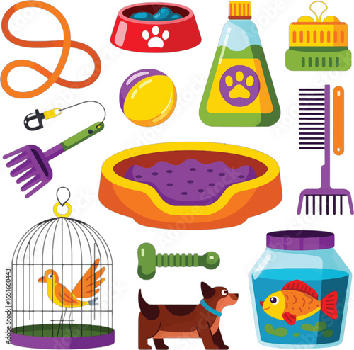 Pet Care Essentials Including Food Bowls, Toys, and Grooming Tools vector illustration