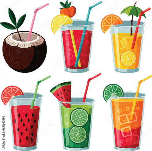 Refreshing Summer Fruit Drinks and Coconut Illustration coconut drink fruit juice