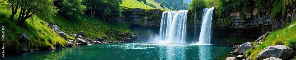 Fototapeta premium Steep hillside, cascading waterfall into pond, beauty, greenery, majestic
