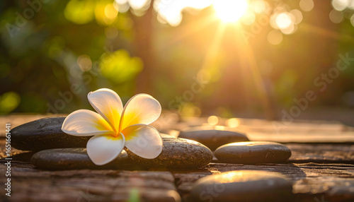 White Plumeria Flower with Yellow Center and Black Stones on Wooden Surface with Sunlight Shining Through Background