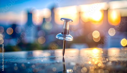 Close Up View Of Push Pin On Wet Surface Against Blurry City Skyline At Sunset