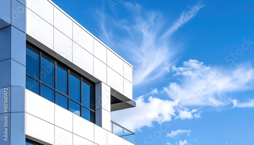 Modern White Building Exterior Against a Vivid Blue Sky with Wispy Clouds Daytime Shot