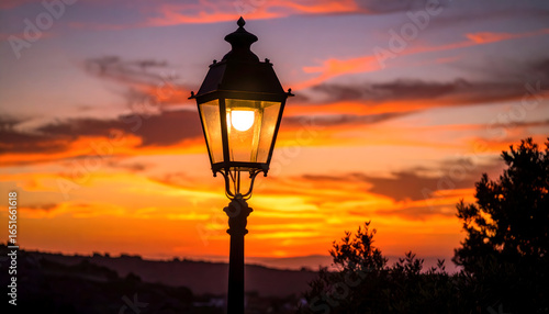 Silhouette Of An Ornate Lamp Post Illuminated Against Vibrant Orange And Purple Sunset Sky