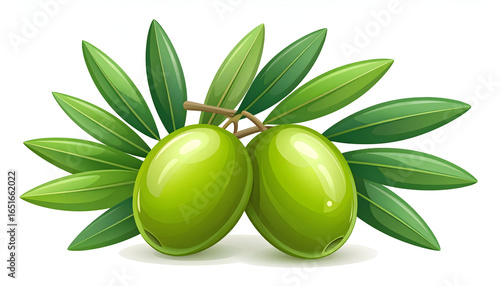 Two Green Olives With Leaves On A White Background Showing Natural Food Texture