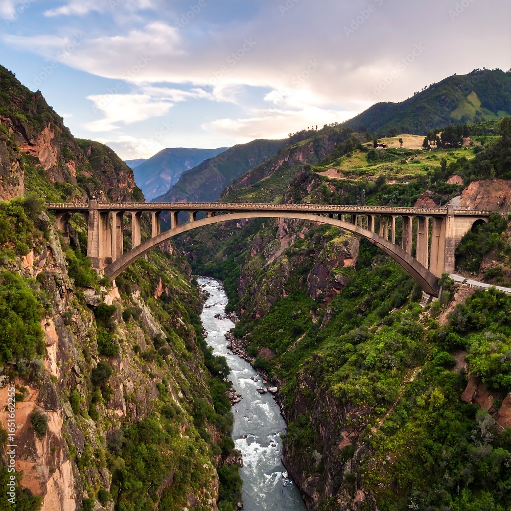 A concrete arch bridge spans a deep gorge, with a river flowing below, nestled in a mountainous landscape A concrete arch bridge spans a deep gorge, with a river flowing below, nestled in a mountainous landscape