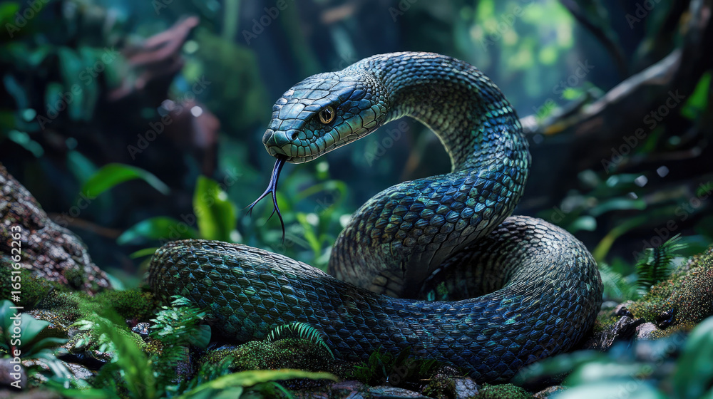 Fototapeta premium A vivid portrayal of a cobra coiled up in a defensive stance