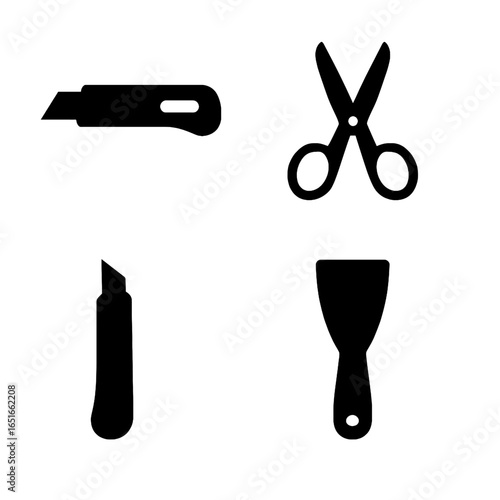 Cutting tool silhouettes featuring utility knife scissors box cutter and putty knife for material work