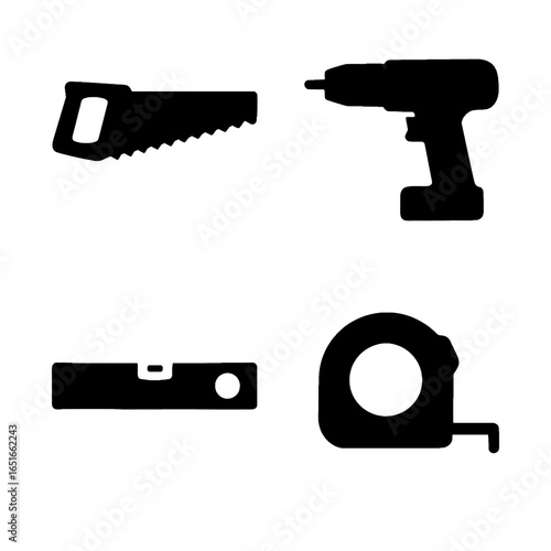Precision tool silhouettes featuring handsaw drill level and tape measure for accurate work