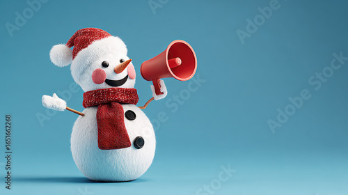 Snowman holding megaphone for Christmas concept. A cheerful snowman with a megaphone, spreading holiday joy.