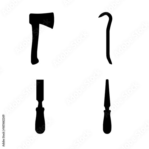 Demolition tool silhouettes featuring axe crowbar chisel and file for heavy-duty tasks