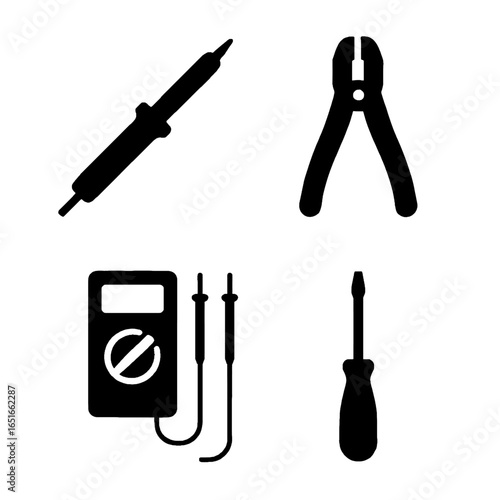 Electrical tool silhouettes featuring soldering iron wire stripper multimeter and screwdriver
