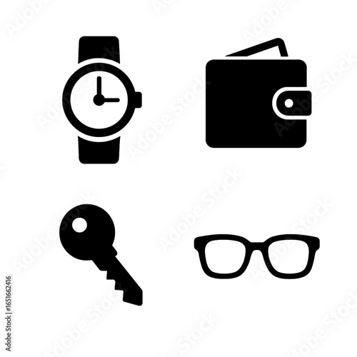 Personal accessories icons featuring wristwatch wallet key and eyeglasses for everyday carry essentials