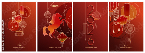Chinese New Year 2026. Year of the Horse. Set of dark red posters with gold elements and line patterns, horse symbol, lanterns in a modern style.