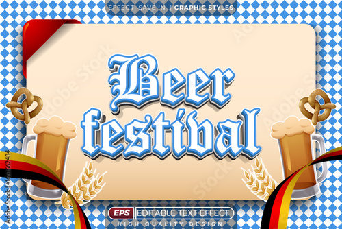 Editable 3d text effect beer festival with bavarian pattern for festival
