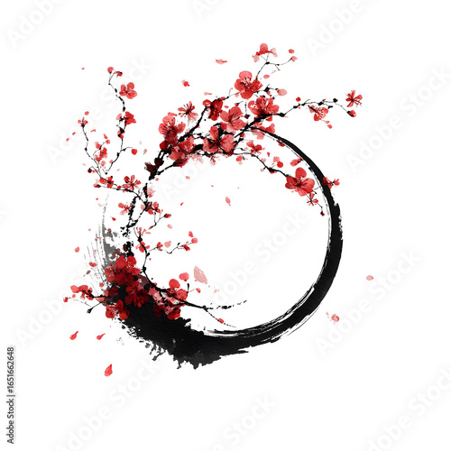 Elegant Japanese watercolor art with vibrant red cherry blossoms framing a black ink circle