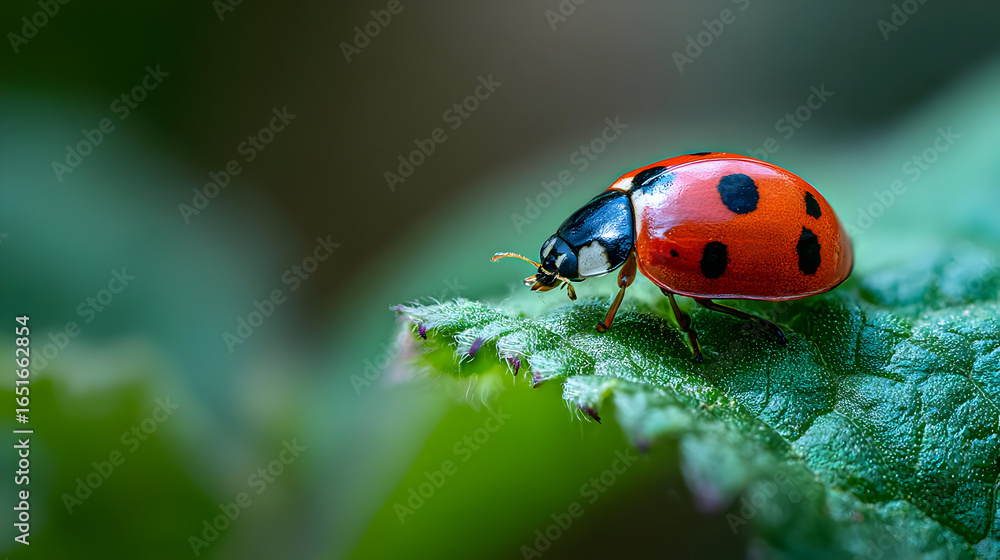 Obraz premium Red Ladybug on a Green Leaf Macro Photography