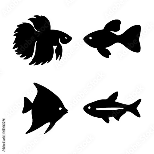 Aquarium fish silhouettes featuring betta guppy angelfish and neon tetra for aquatic pets