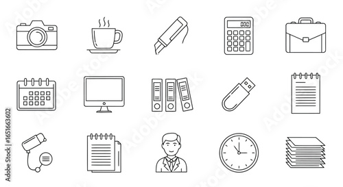 Illustration of collection of office and business related icons isolated on white background