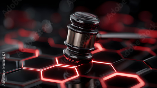 Black Gavel on Red Hexagon Grid Digital Background