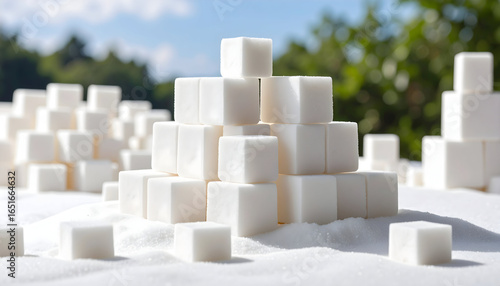 Stacked Sugar Cubes on a Bed of Granulated Sugar with Green Foliage in the Background