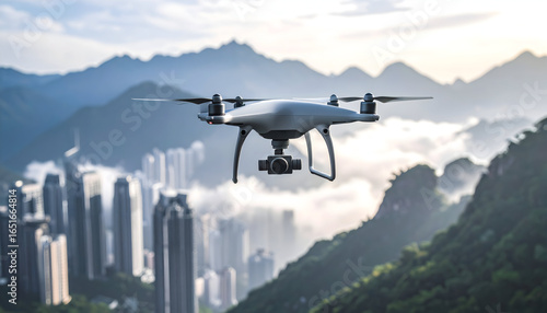White Drone Flying Over Urban Cityscape With Mountain Background Under Blue Sky