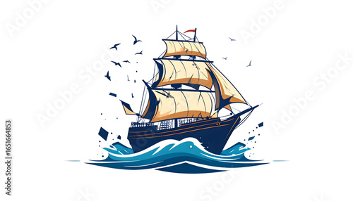 Pixel Art Illustration Of A Sailing Ship With Beige Sails And Blue Waves On White Background