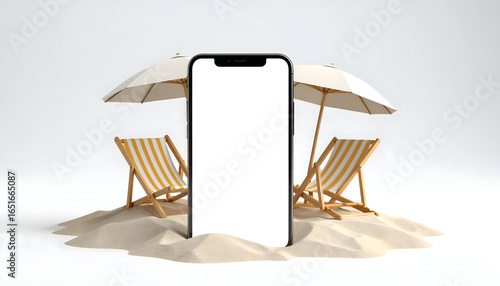 Smartphone Mockup Displayed With Beach Umbrella And Deckchairs On White Background