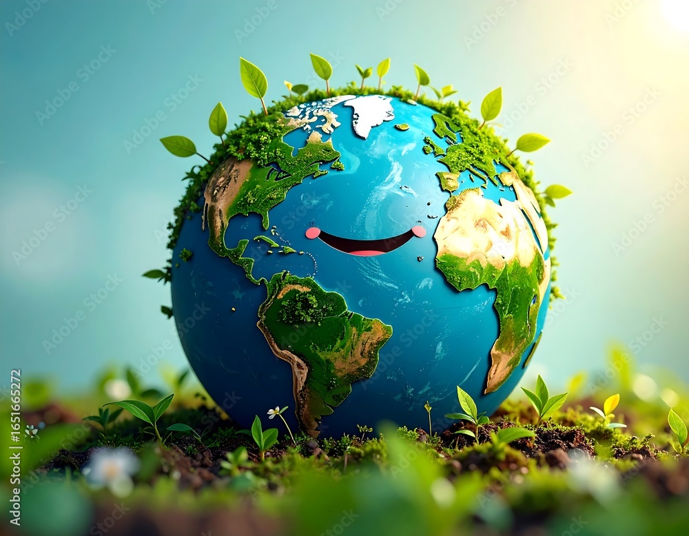 Naklejka premium A smiling Earth globe, adorned with lush greenery, sits nestled in fertile soil, symbolizing environmental care and sustainability.
