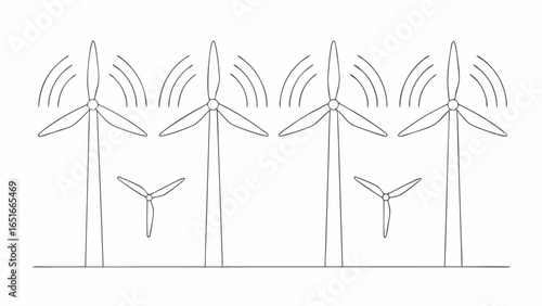 Vector a line drawing showing four wind turbines with curved lines above them and two sets of blades below them