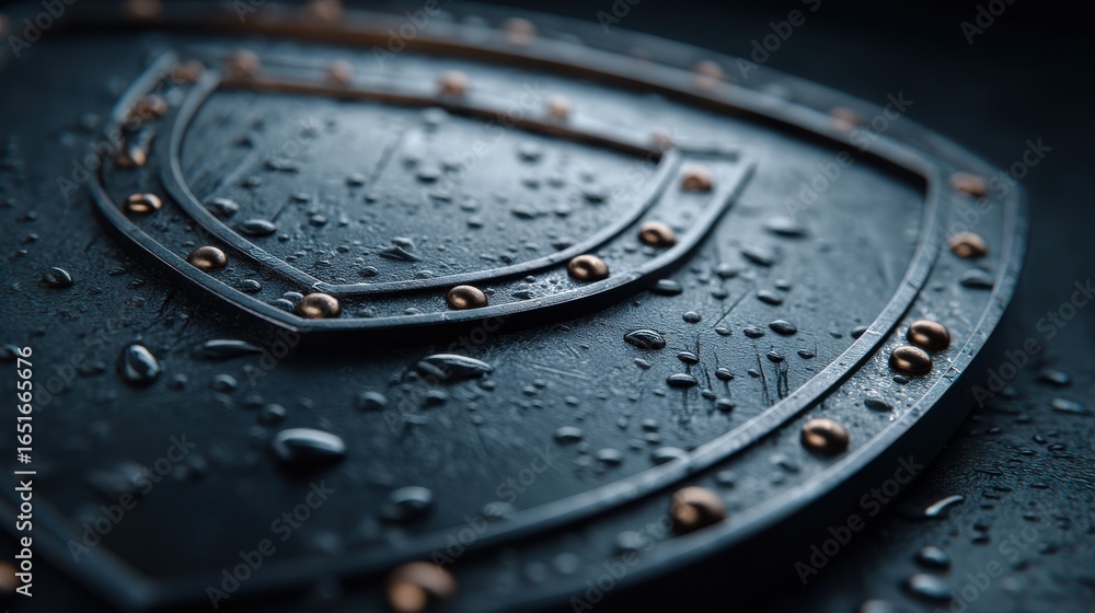 Close-up of a textured shield covered in droplets, showcasing intricate details and reflections Close-up of a textured shield covered in droplets, showcasing intricate details and reflections