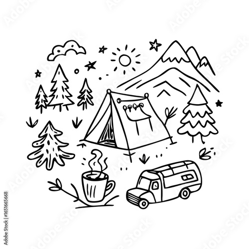 Elements of camping and outdoor adventure in doodle style. Travel, tourism, and wilderness-related designs. Vector illustrations on a white ... See More
