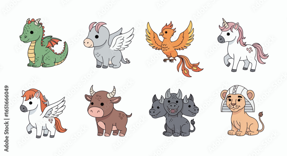Fototapeta premium 8 cute cartoon mythical creatures in two rows on a white background