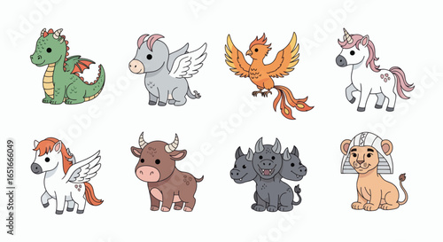 8 cute cartoon mythical creatures in two rows on a white background