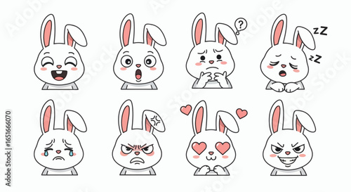 A collection of 8 white bunny expressions in a grid with various emotions