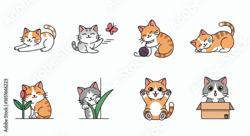 Eight cartoon cats depict playful activities