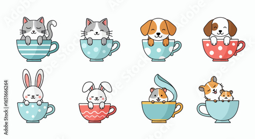 Eight cups hold cartoon animals cats dogs rabbits  hamsters each with distinct colors and patterns on the cups