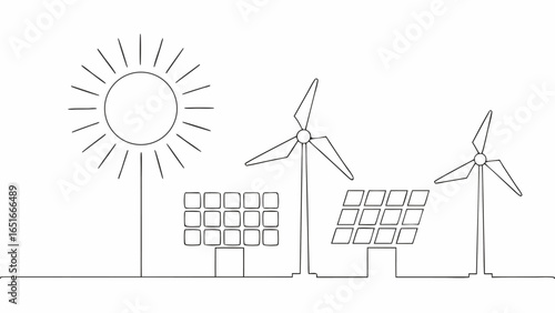 Vector illustration of renewable energy sources including solar panels wind turbines and the sun in black and white