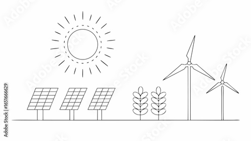 Vector illustration depicting renewable energy sources including solar panels wind turbines and plant life in black and white
