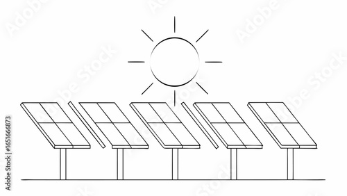 Vector illustration of solar panels array under the sun with clean energy concept in a simple line drawing style