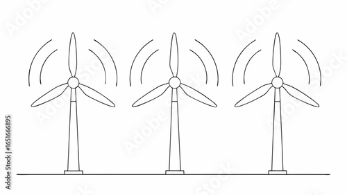 Vector illustration of three wind turbines with three blades each generating power in a clean energy landscape