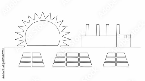 Vector illustration showing a factory with three chimneys, solar panels, and a sun with triangular rays above