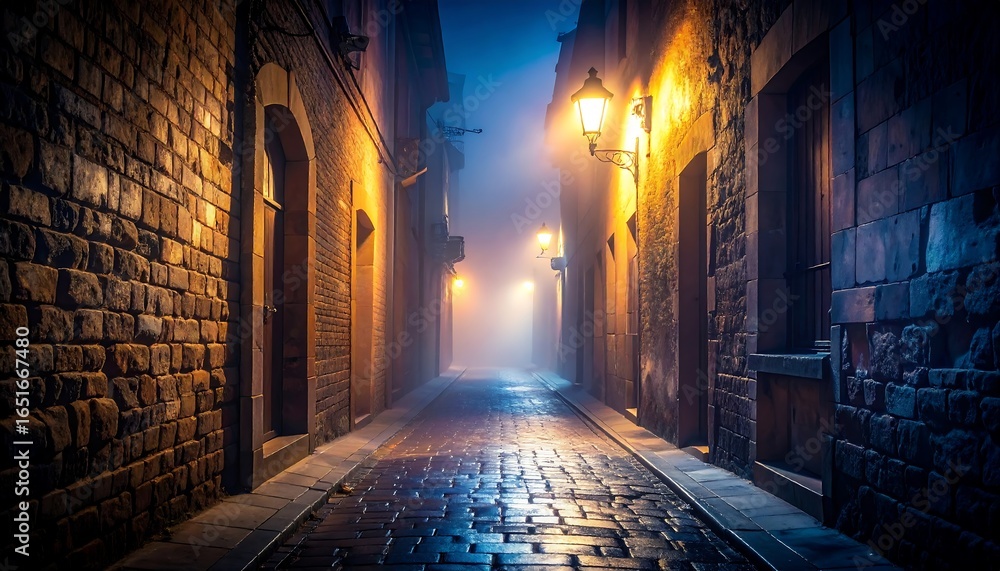 Fototapeta premium Foggy cobblestone street at night.