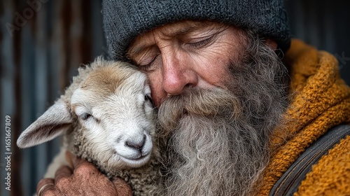 Weathered farmer lovingly cradles a gentle, fluffy lamb close to his face. Use it to show compassion, farming, animal care, and rural lifestyles.