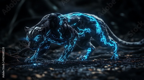 A panther with silver fur and glowing blue runes etched into its body.
